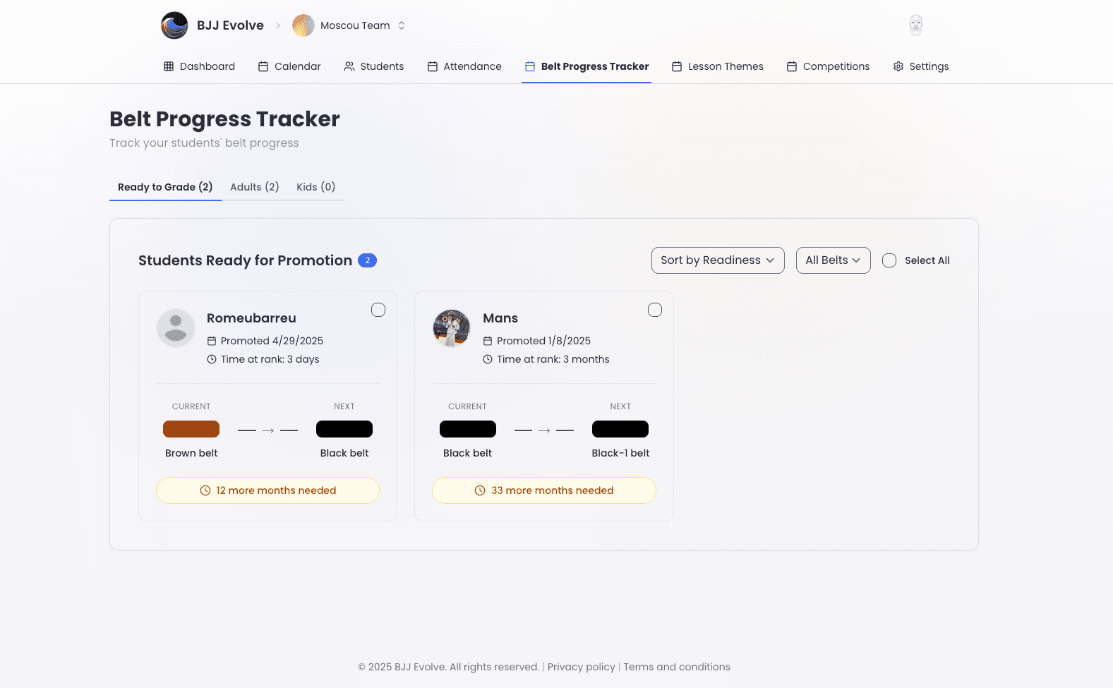 BJJ Evolve - Jiu Jitsu Anwesenheits-App und Software für die Verfolgung von Gürtelbeförderungen
